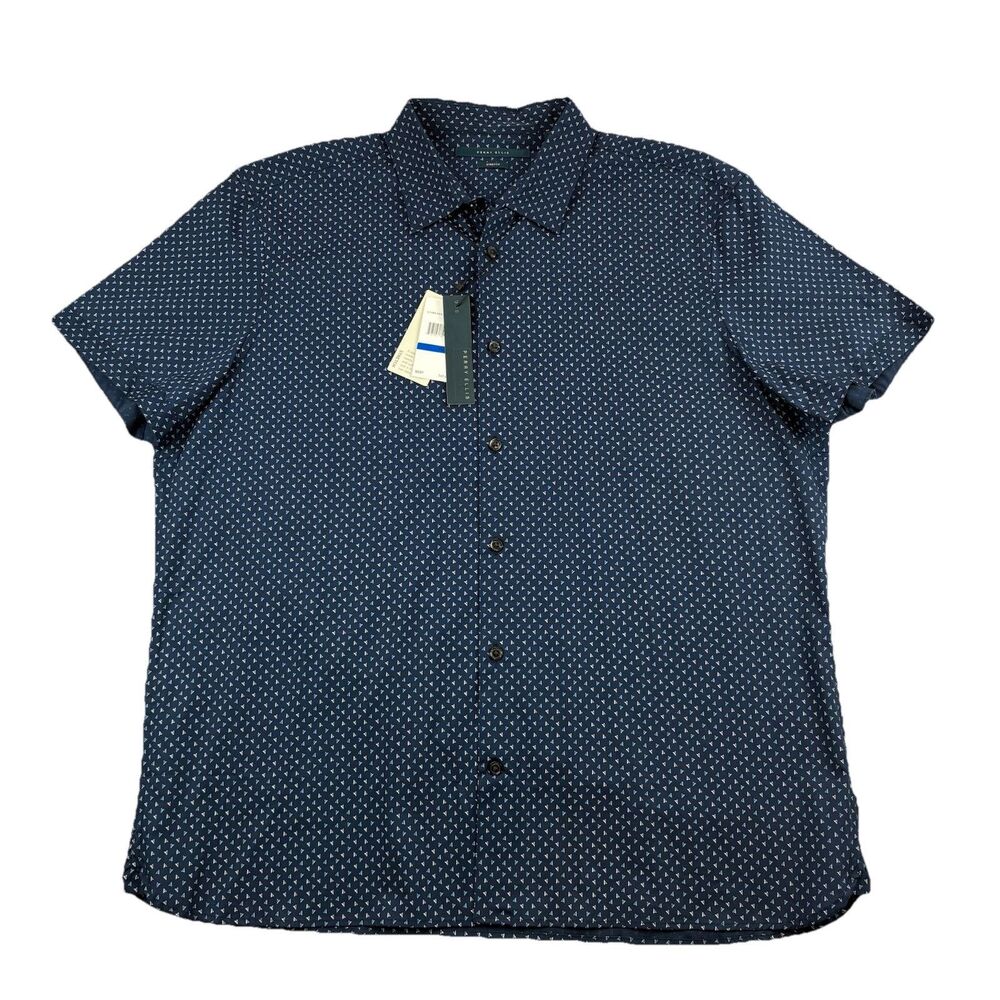 Perry Ellis Stretch Button Up Shirt Mens XL Blue Geometric Short Sleeve NWT